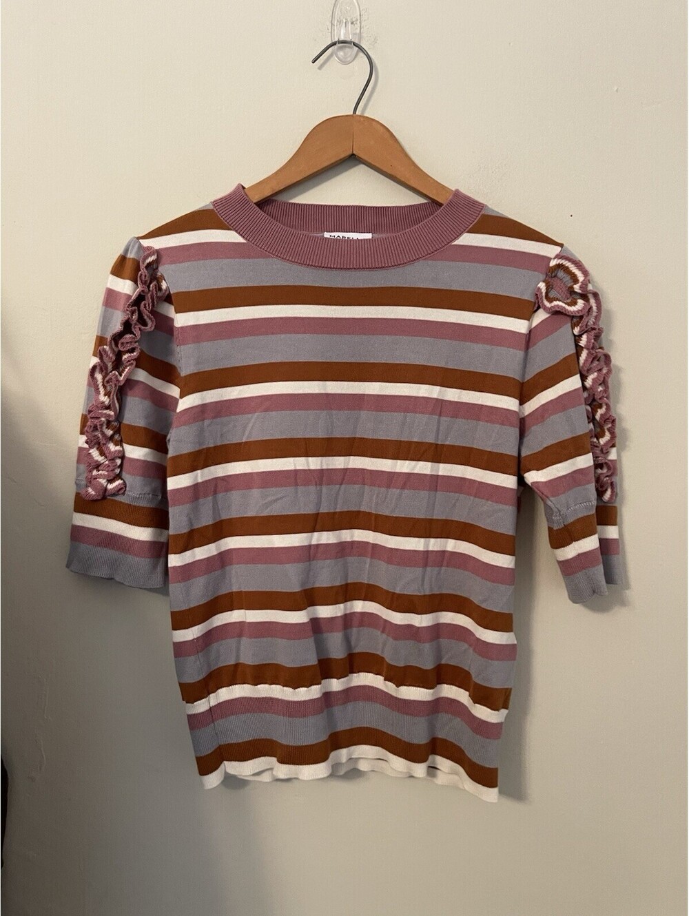 Marella Striped Misrefolo Ruffle Shoulder Knit Top Lyocell Nylon Small S Sweater
